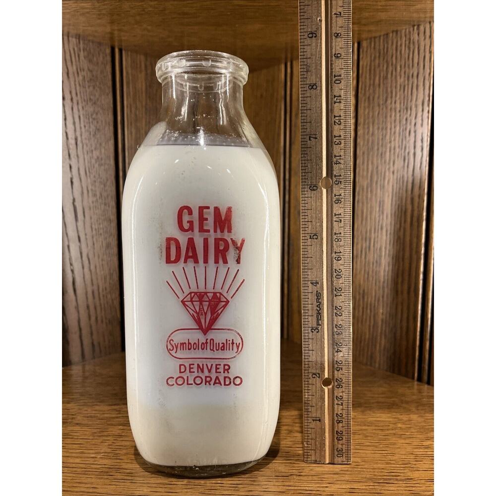 Antique Gem Dairy Denver Colorado Mountain Old Milk Glass Bottle Jar Decor (D)